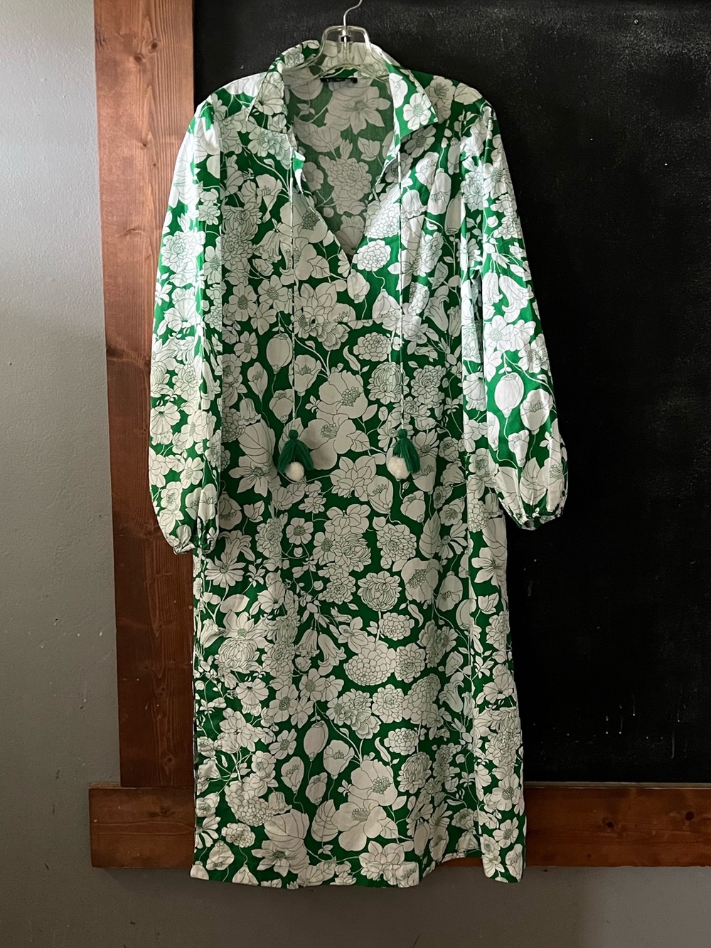 J. Crew Green and White Floral Maxi Dress with Tassel Tie size L